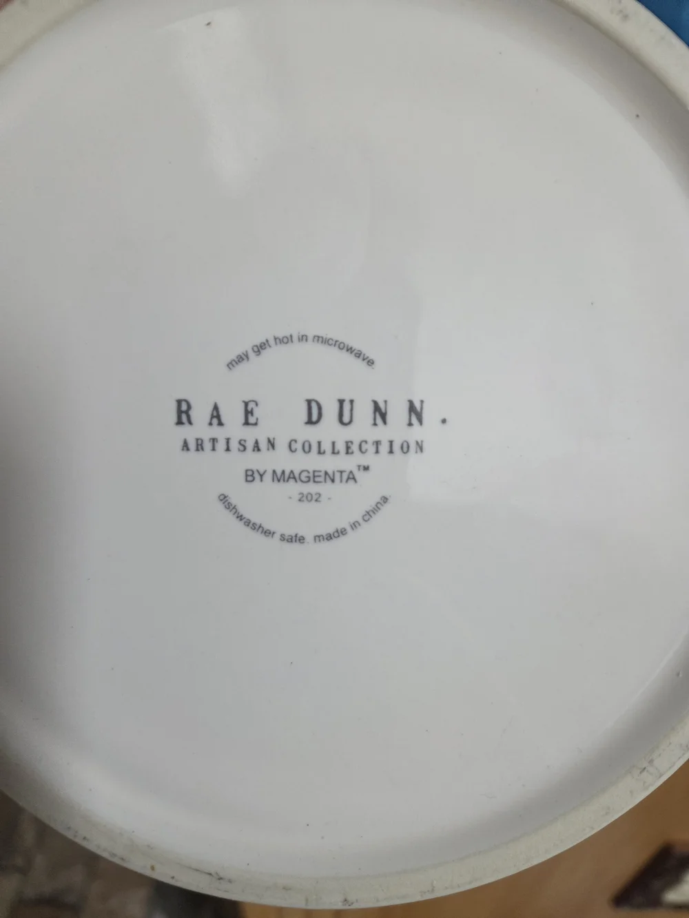 Rae Dunn White Ceramic Dog Bowl with Blue Accent